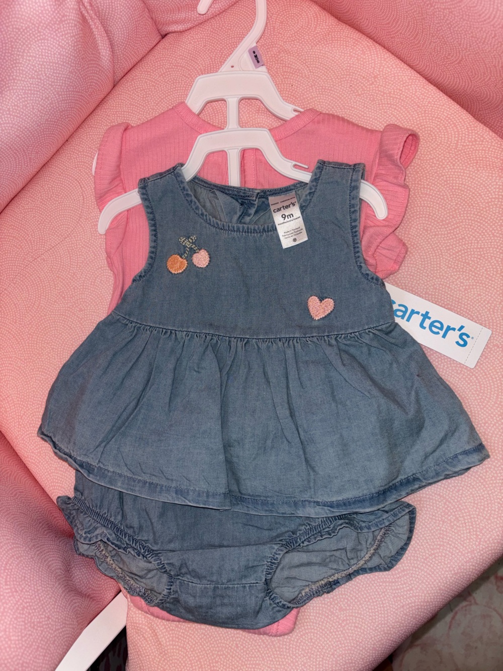 Carter's Blue Denim Skirted Onesie with Pink Heart & Cherry onesie